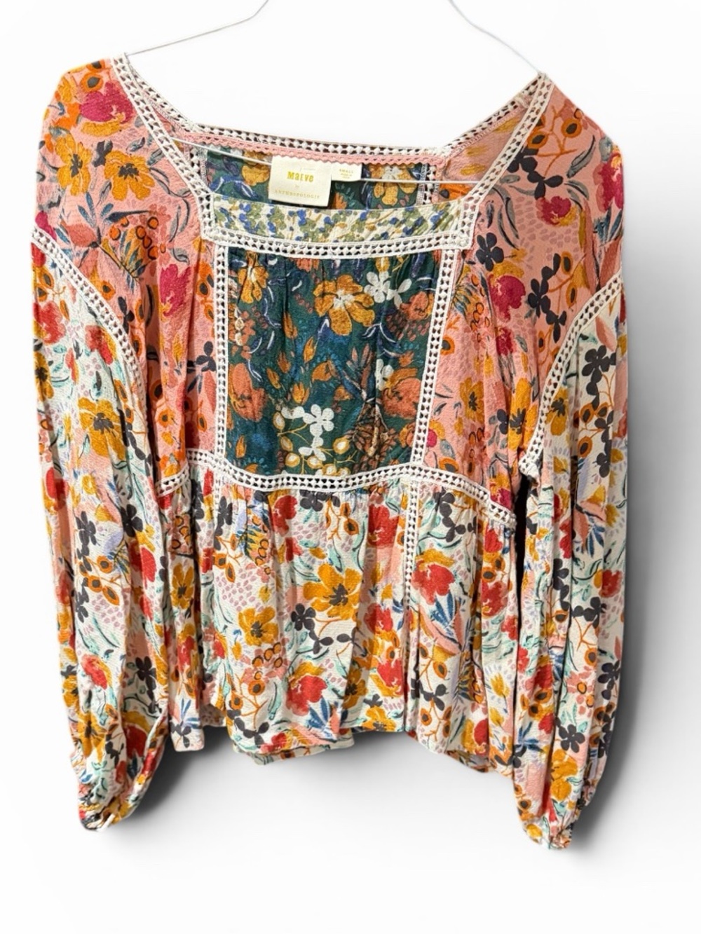 Anthropologie Maeve Floral Patchwork Peasant Blouse in Pink, Green, Yellow - Picture 2 of 13